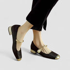 Women's ballet flats square toe pearl ankle strap embroidered gold detail