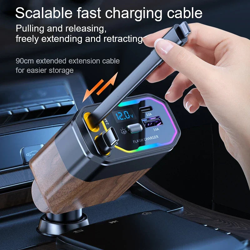 120W 4-in-1 retractable car charger with USB-C and cigarette lighter adapter
