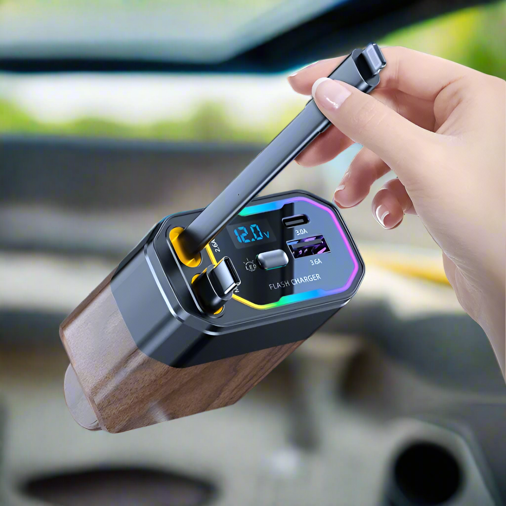 120W 4-in-1 retractable car charger with USB-C and cigarette lighter adapter