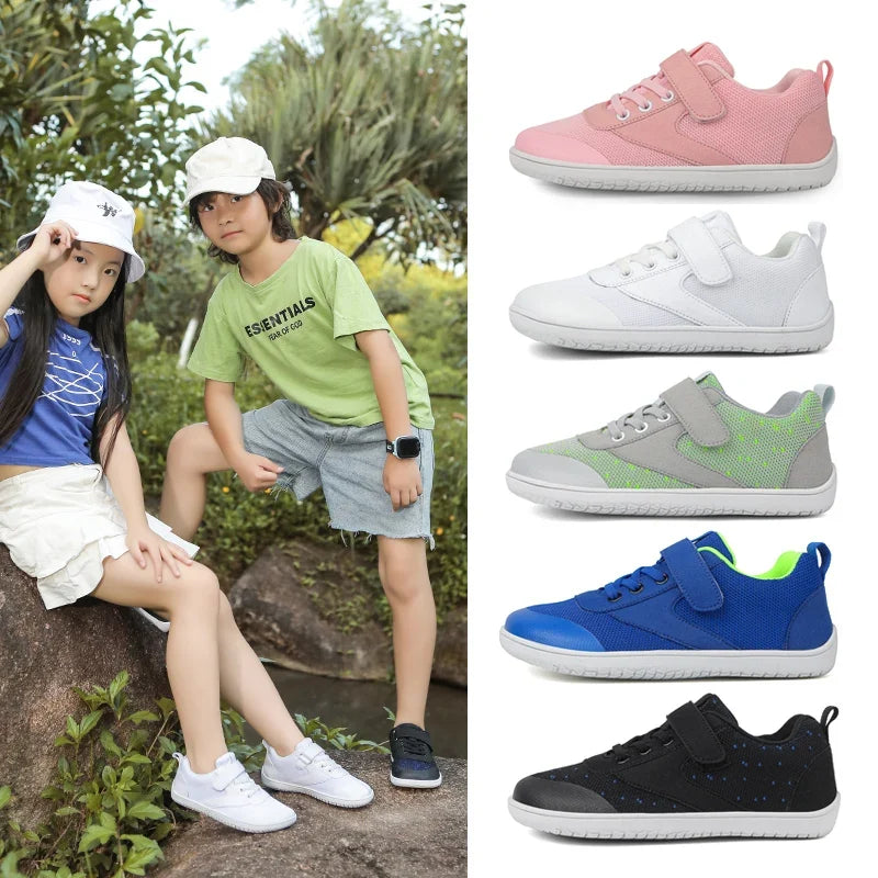 Kids barefoot sneakers with wide toe box and lightweight flexible rubber sole