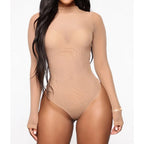 Women's mesh bodysuit long sleeve with mock neck, sheer second-skin harness layering style