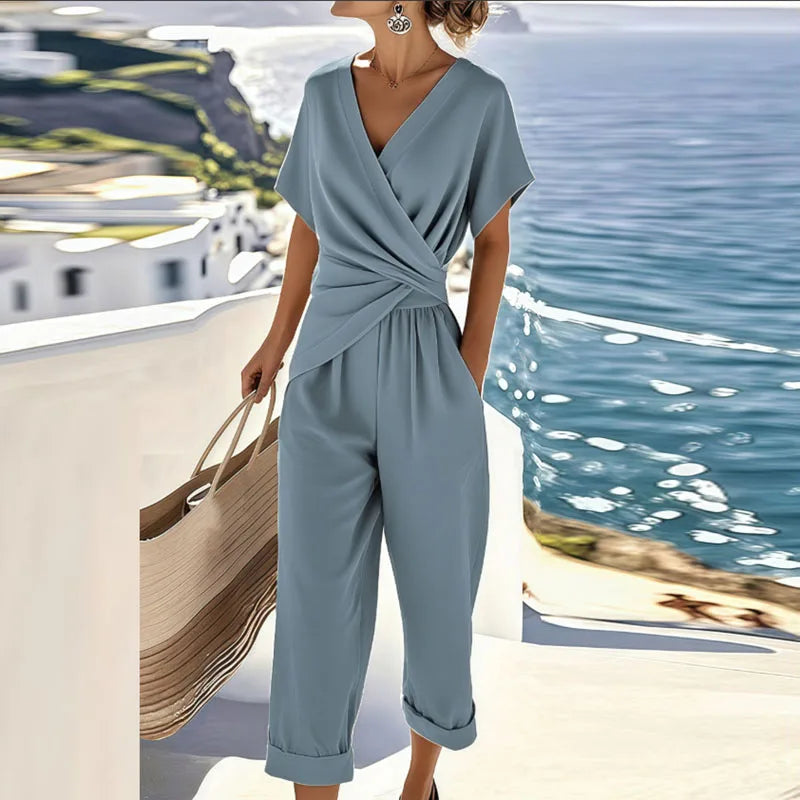 Women's two-piece set with wrap-front top and tapered trousers, summer coordinated outfit