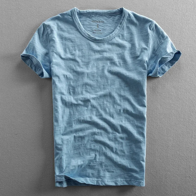 Men cotton vintage t-shirt Japanese minimalist O-neck organic cotton