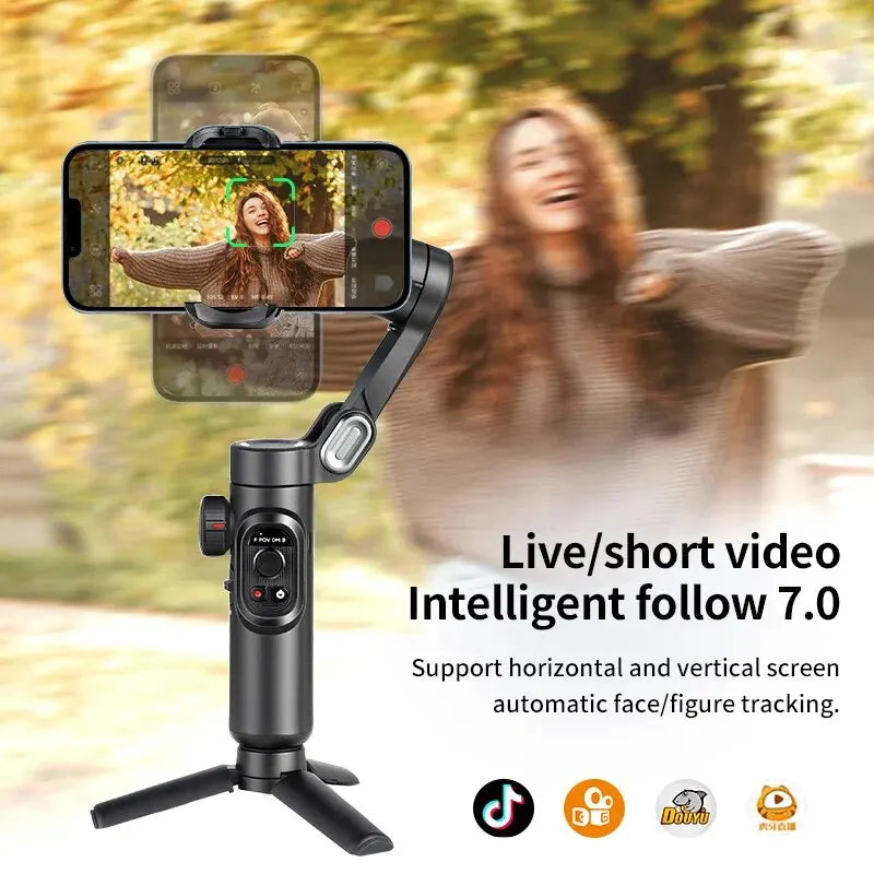 Smartphone gimbal stabilizer 3-axis with AI tracking and face detection, black