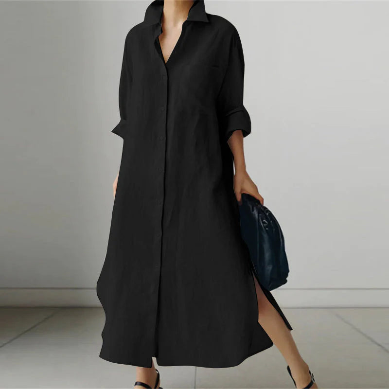 Women maxi dress full-length flowy silhouette in black navy and apricot