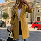 Women long coat buttoned front with side pockets classic collar