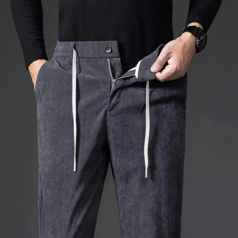 Men corduroy chinos tailored fit in khaki with drawstring waist