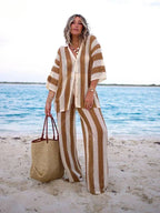 Women 2 piece crochet lounge set bohemian striped top and pants