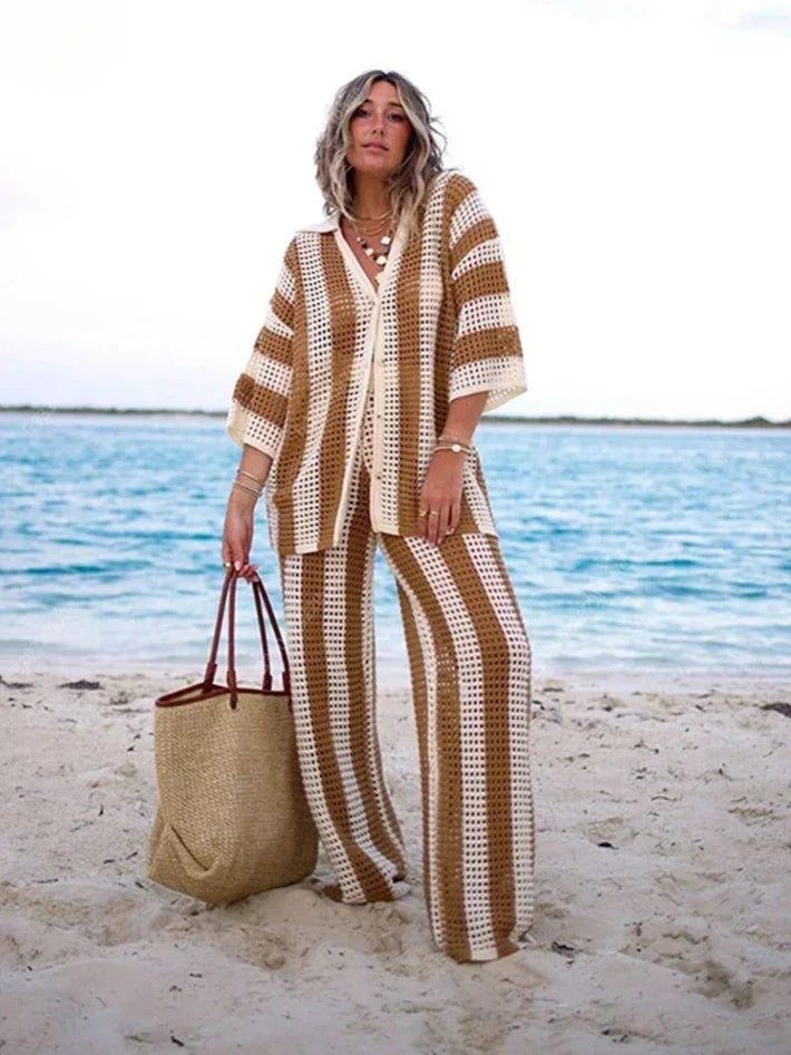 Women 2 piece crochet lounge set bohemian striped top and pants