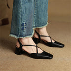 Women leather block heel pumps closed toe with adjustable buckle strap