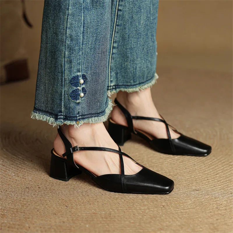 Women leather block heel pumps closed toe with adjustable buckle strap