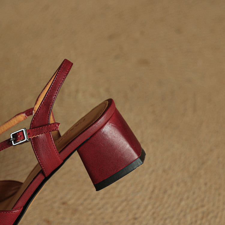 Women leather block heel pumps closed toe with adjustable buckle strap