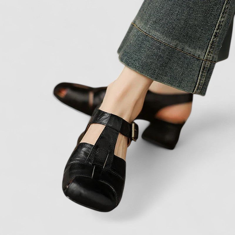 Women Mary Jane heels square toe block heel orthopedic with side cutouts