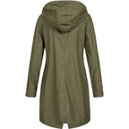 Women hooded long rain jacket A-line silhouette below knee length