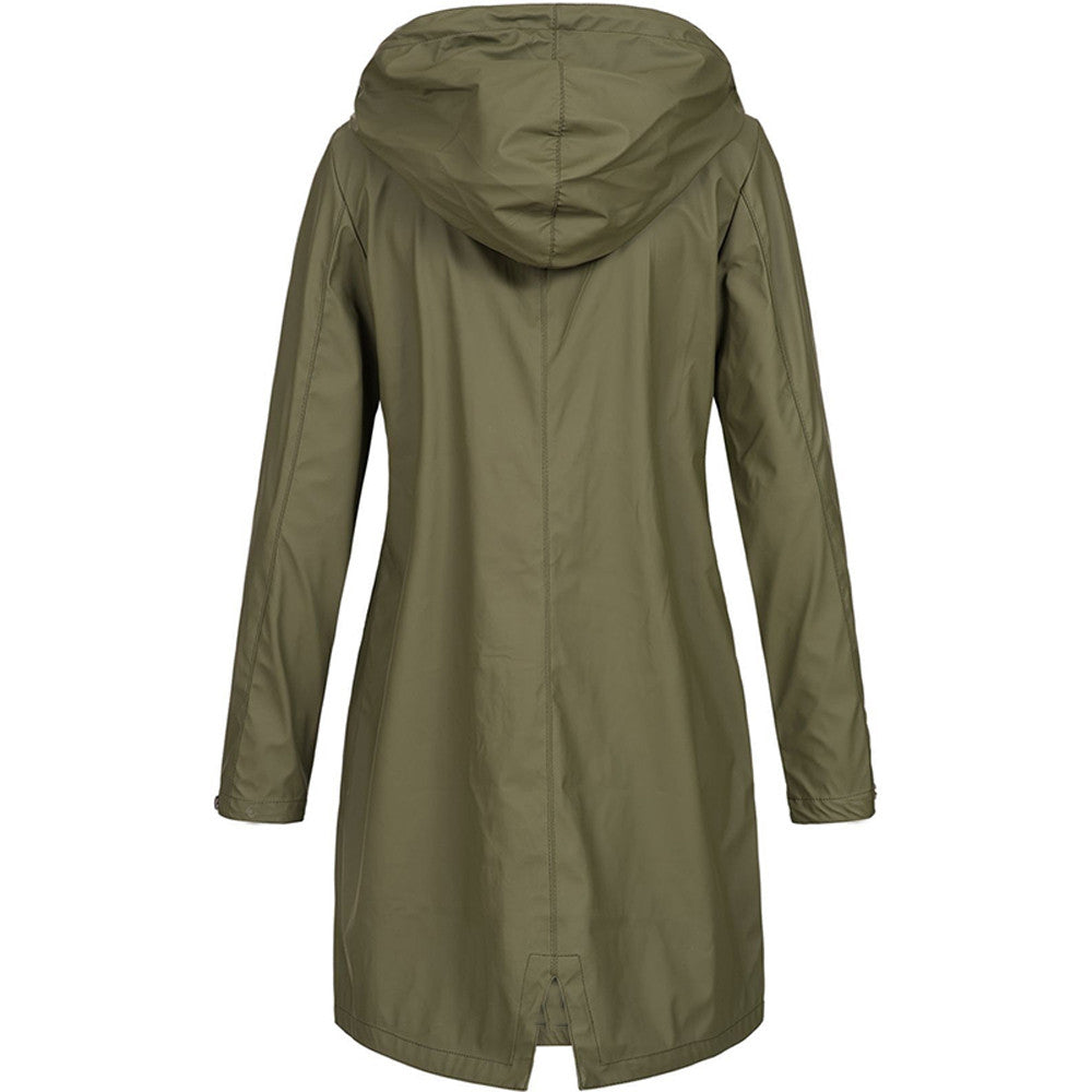 Women hooded long rain jacket A-line silhouette below knee length