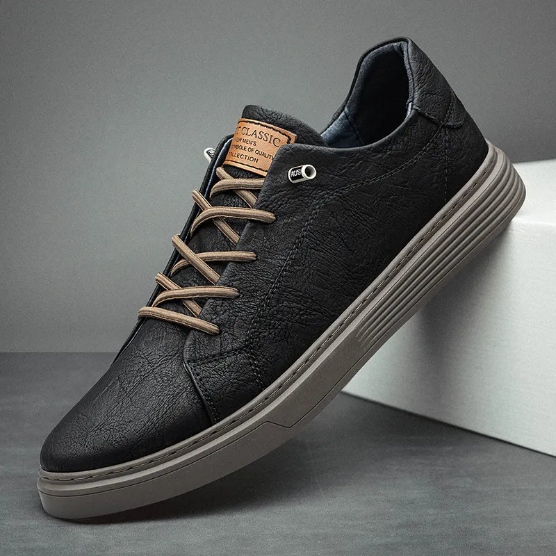 Men's faux leather sneakers with cushioned sole, casual lace-up in black, white and brown