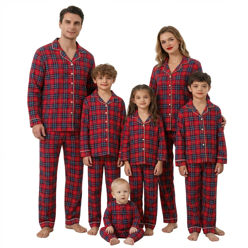 Christmas Pajamas Women Cotton Plaid 2 Piece Matching Family Set