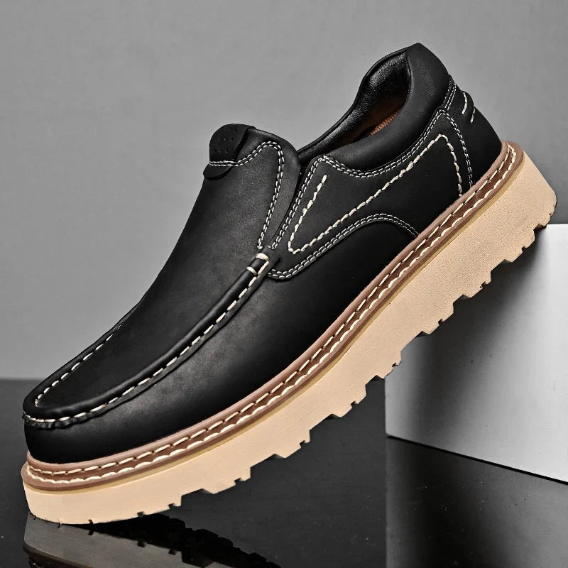 Men leather loafers slip on orthopedic cushioned insole brown black