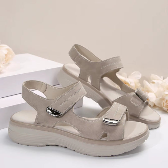 Women mid heel slip-on sandals in beige faux leather strappy design