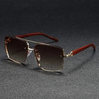 Metal frame square sunglasses gradient lenses UV protection vintage wooden arms