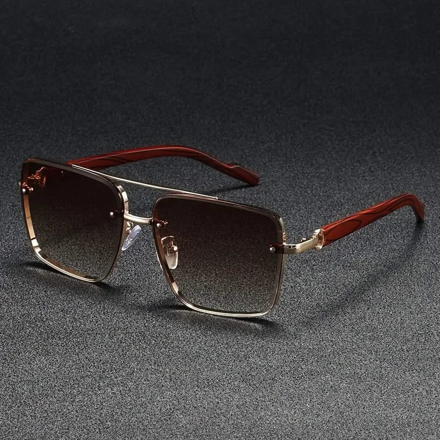 Metal frame square sunglasses gradient lenses UV protection vintage wooden arms