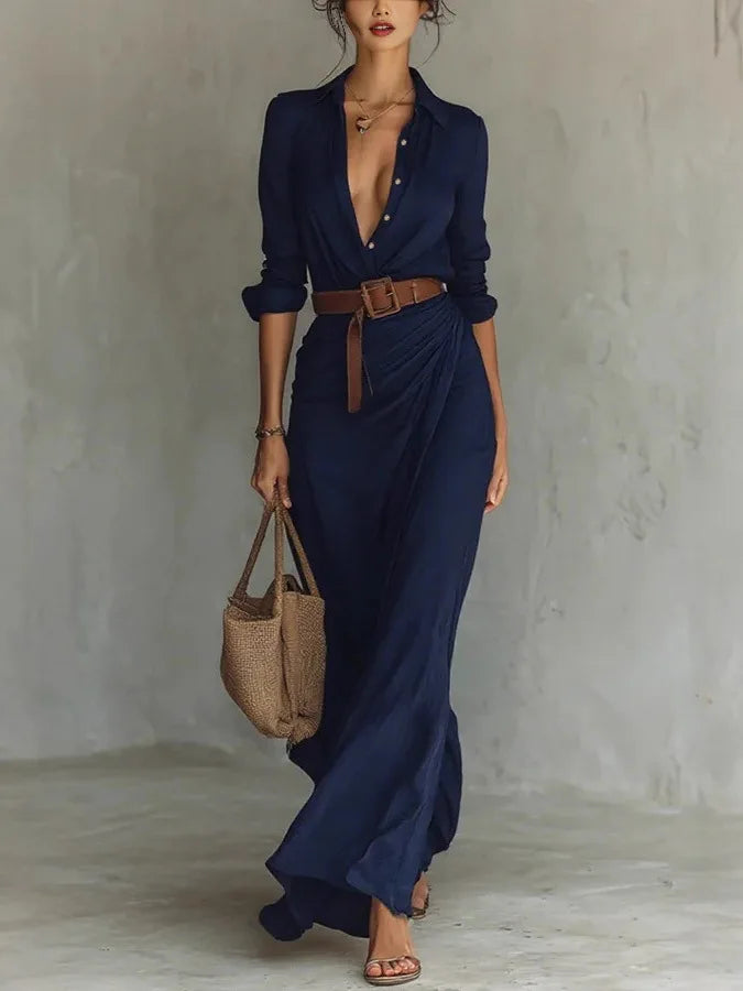 Women's wrap maxi dress with long sleeves and self-tie waist, ankle length