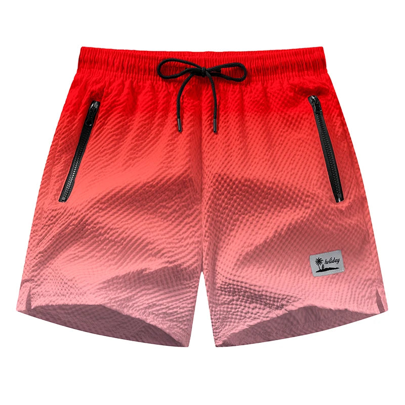 Men Swim Shorts Seersucker Quick Dry Mesh Lined Zipper Pockets