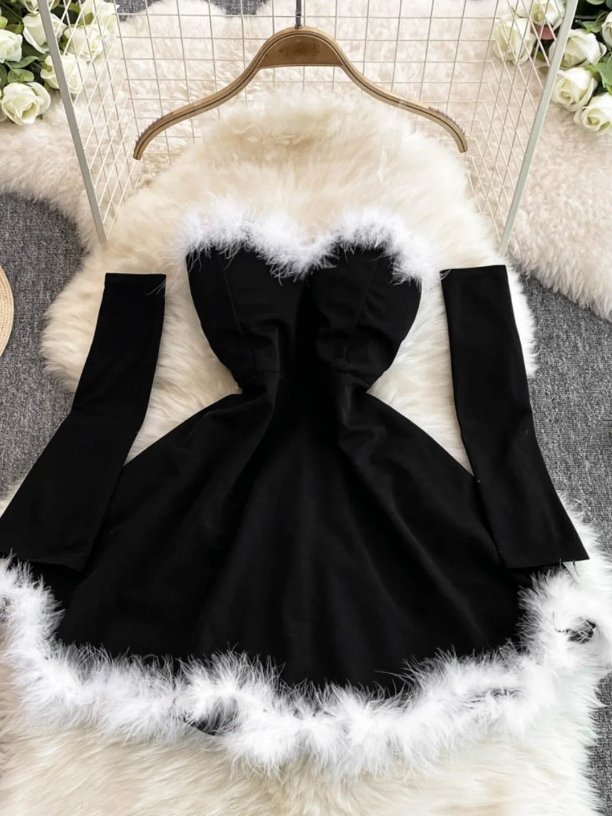 Christmas Party Dress Women Sexy Low Cut Feather Trim Sleeveless Mini