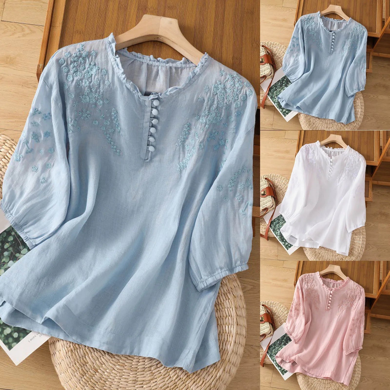 Women embroidered blouse relaxed fit with button detail round neckline short sleeves
