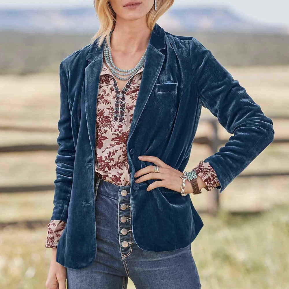 Women Velvet Blazer Casual Slim Fit Notched Lapel Long Sleeve