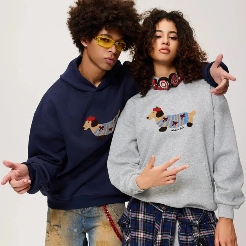 Unisex oversized hoodie with dachshund embroidery and kangaroo pocket