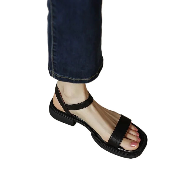 Women vegan leather block heel sandals with adjustable ankle strap