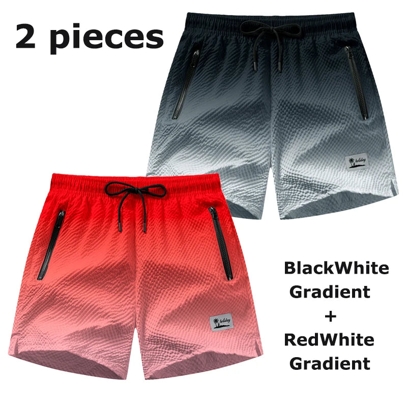 Men Swim Shorts Seersucker Quick Dry Mesh Lined Zipper Pockets
