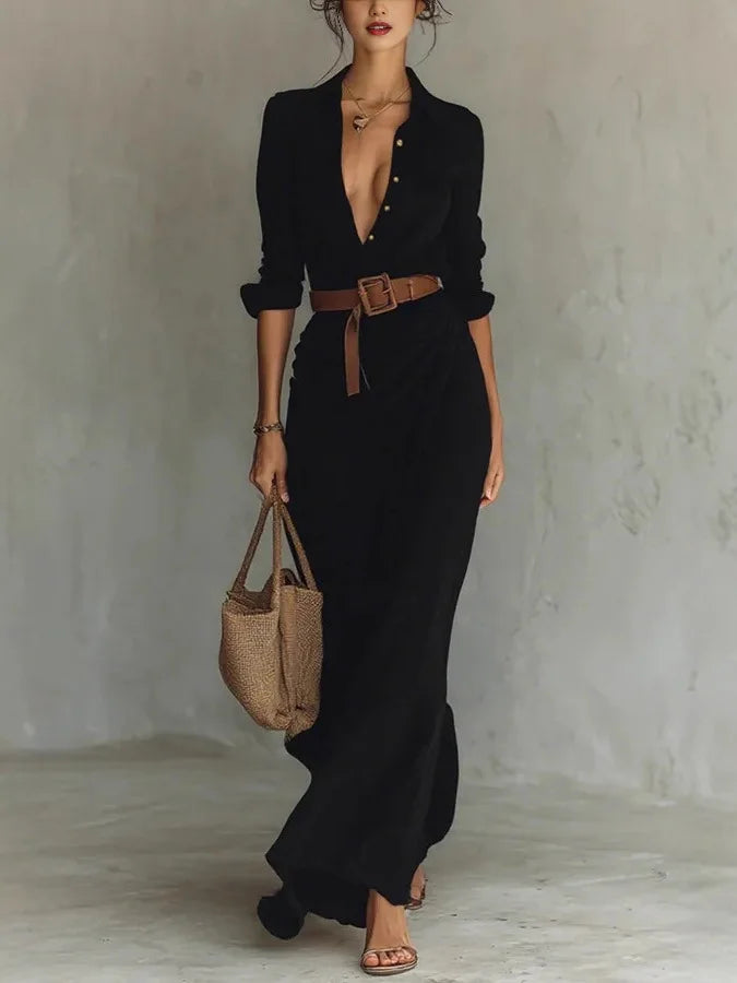 Women's wrap maxi dress with long sleeves and self-tie waist, ankle length