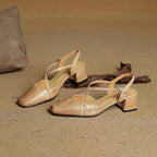 Women leather block heel pumps closed toe with adjustable buckle strap