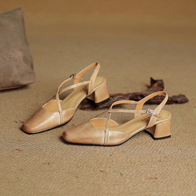 Women leather block heel pumps closed toe with adjustable buckle strap