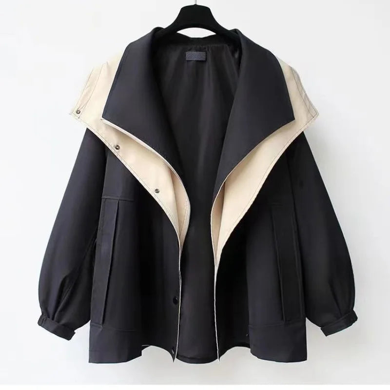 Women's hooded windbreaker jacket patchwork design relaxed fit