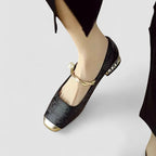 Women's ballet flats square toe pearl ankle strap embroidered gold detail
