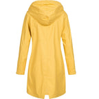 Women hooded long rain jacket A-line silhouette below knee length
