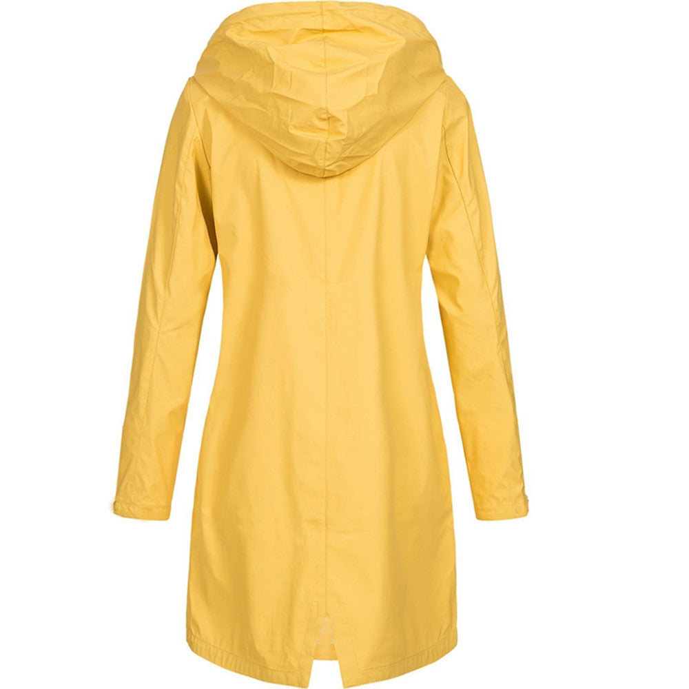 Women hooded long rain jacket A-line silhouette below knee length