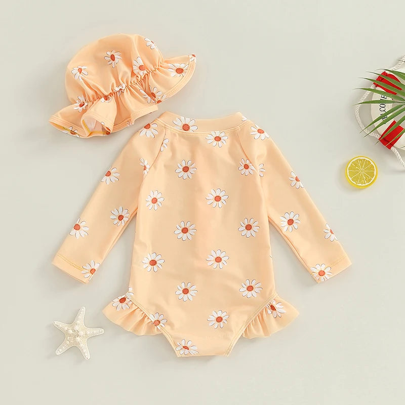 Kids Rash Guard Set Girls Long Sleeve Flower Print Swimsuit Hat