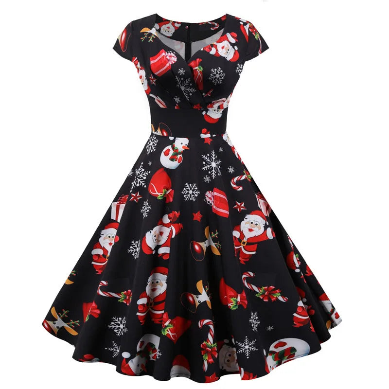 Christmas Party Dress Women Short Sleeve Vintage V Neck Swing