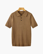 Men's knitted cotton ribbed polo shirt with button collar, short sleeves