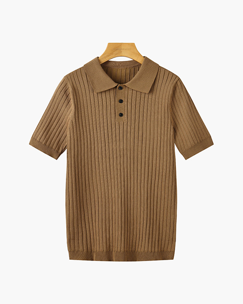 Men's knitted cotton ribbed polo shirt with button collar, short sleeves