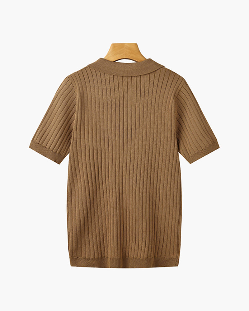 Men's knitted cotton ribbed polo shirt with button collar, short sleeves