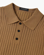 Men's knitted cotton ribbed polo shirt with button collar, short sleeves