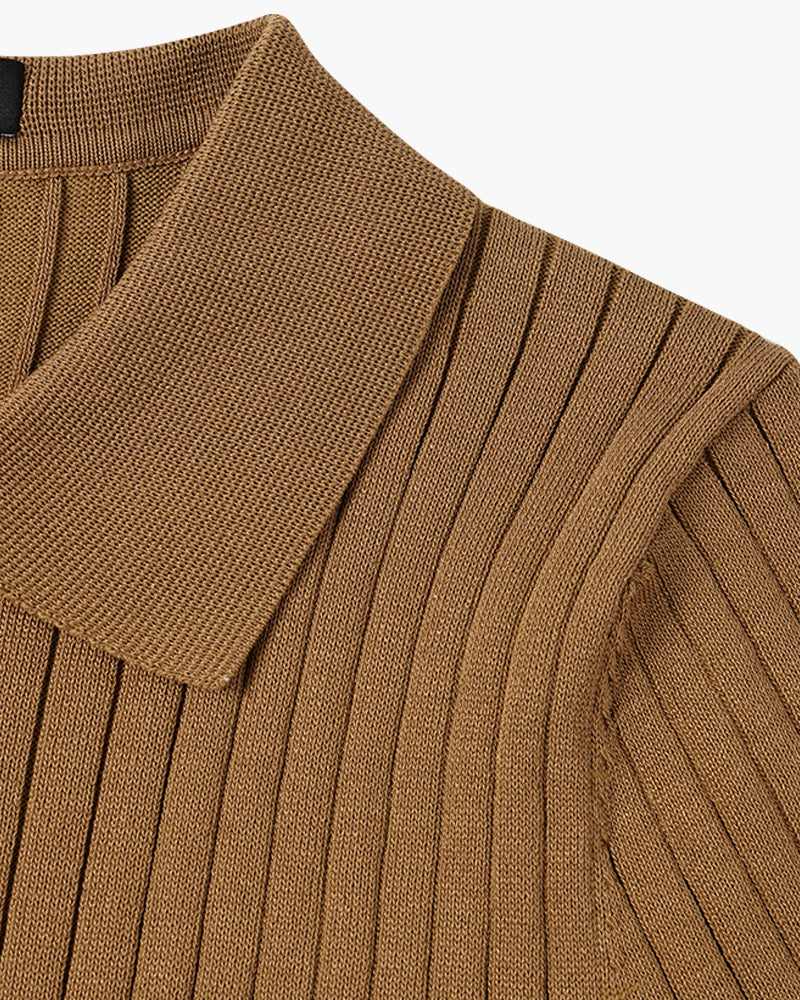 Men's knitted cotton ribbed polo shirt with button collar, short sleeves