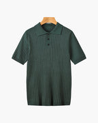 Men's knitted cotton ribbed polo shirt with button collar, short sleeves