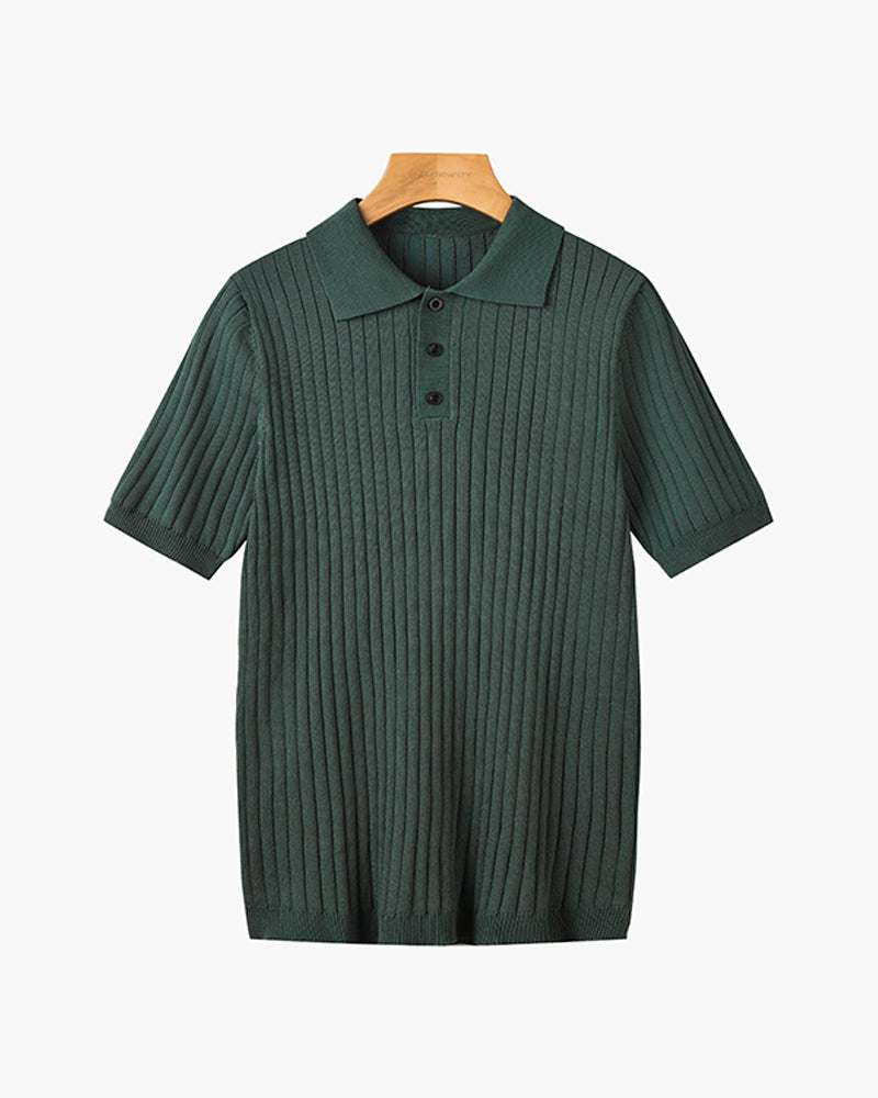 Men's knitted cotton ribbed polo shirt with button collar, short sleeves