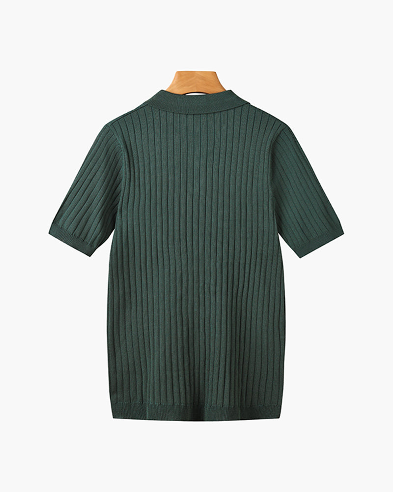 Men's knitted cotton ribbed polo shirt with button collar, short sleeves